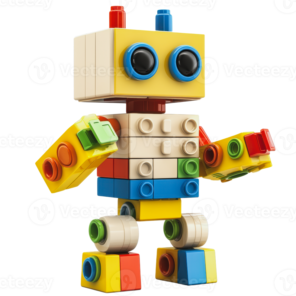 Colorful toy robot made from building blocks png