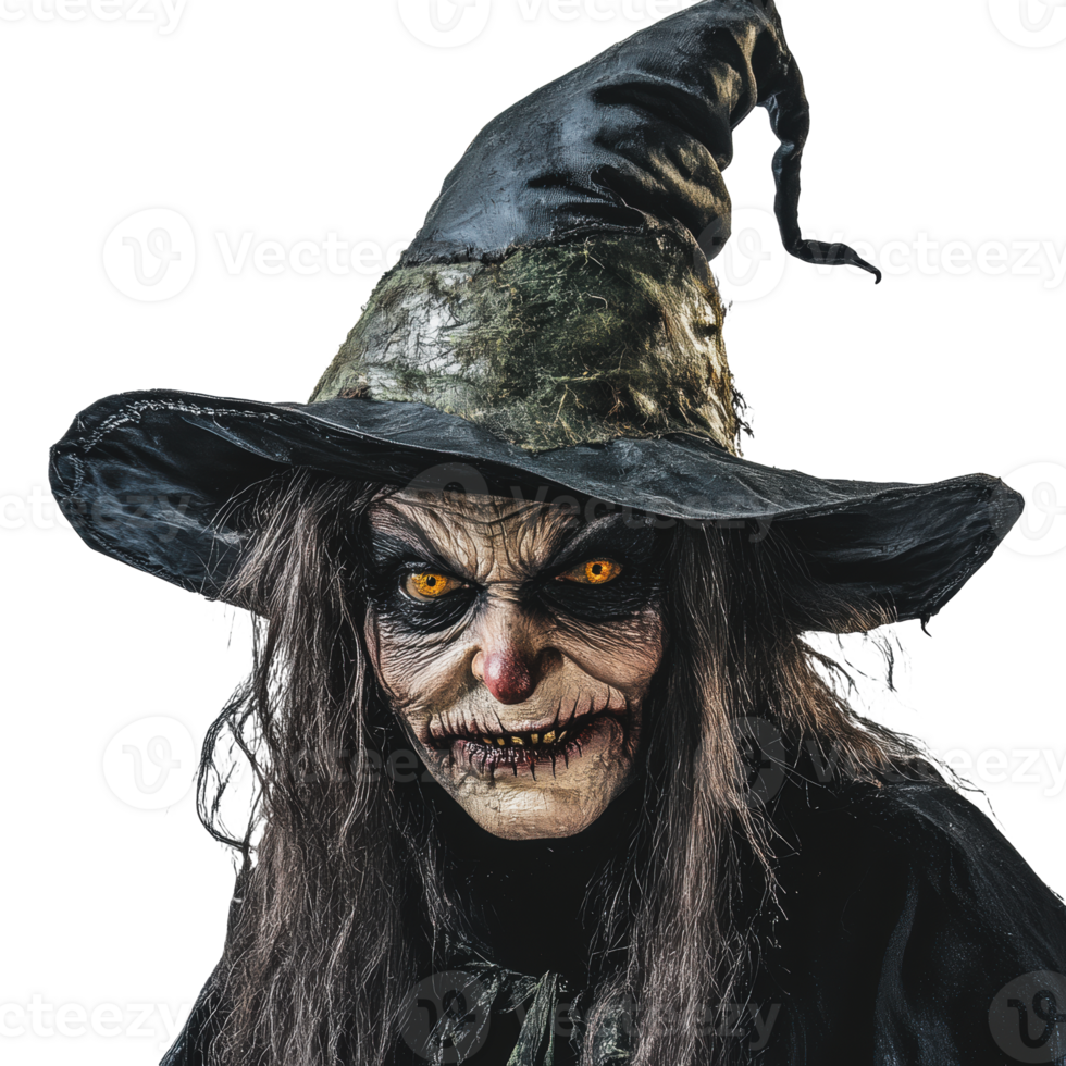 Creepy witch wearing a tattered hat for Halloween png