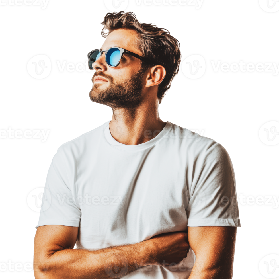 Young man in sunglasses posing confidently indoors png