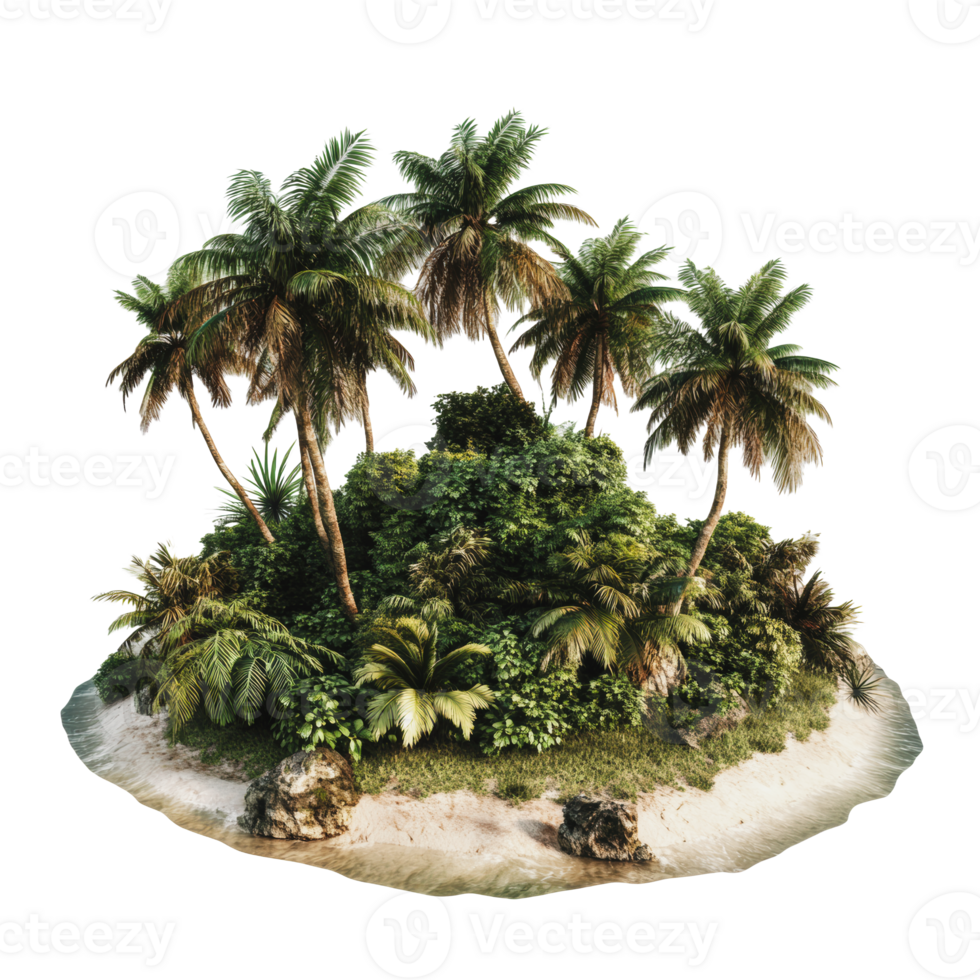 Lush tropical island with palm trees and greenery png