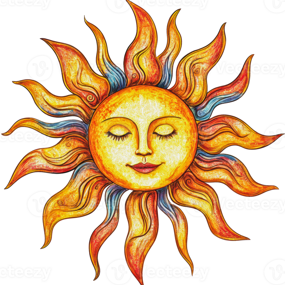 Bright sun illustration with wavy rays and smile png