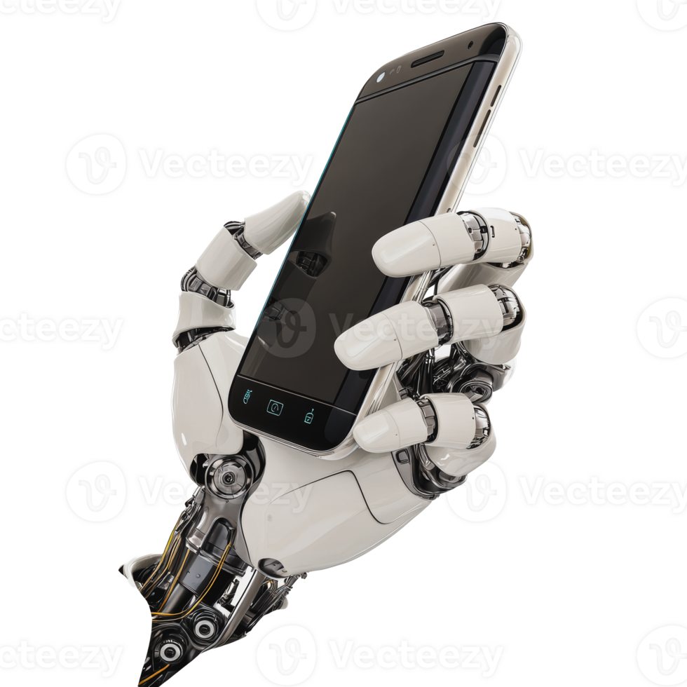 A robotic hand holding a smartphone in a modern setting png