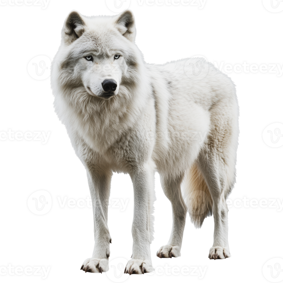White wolf standing majestically on a clean background during daylight png