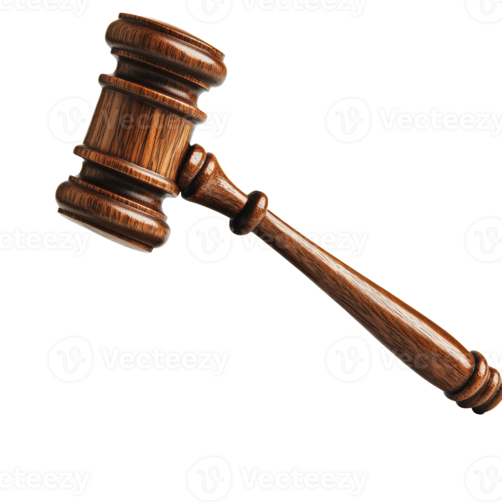 Wooden gavel rests on a surface, symbolizing justice and legal proceedings png