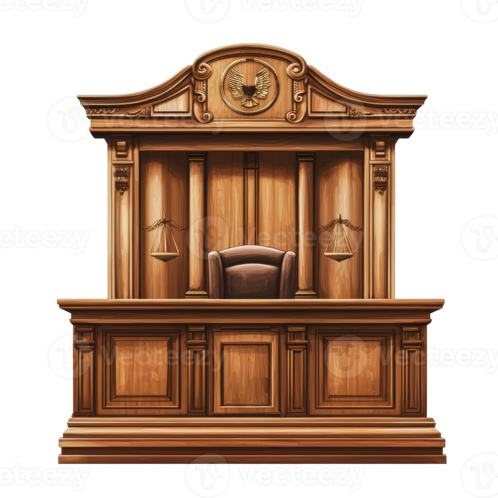 Wooden courtroom judge's bench with scales of justice displayed png