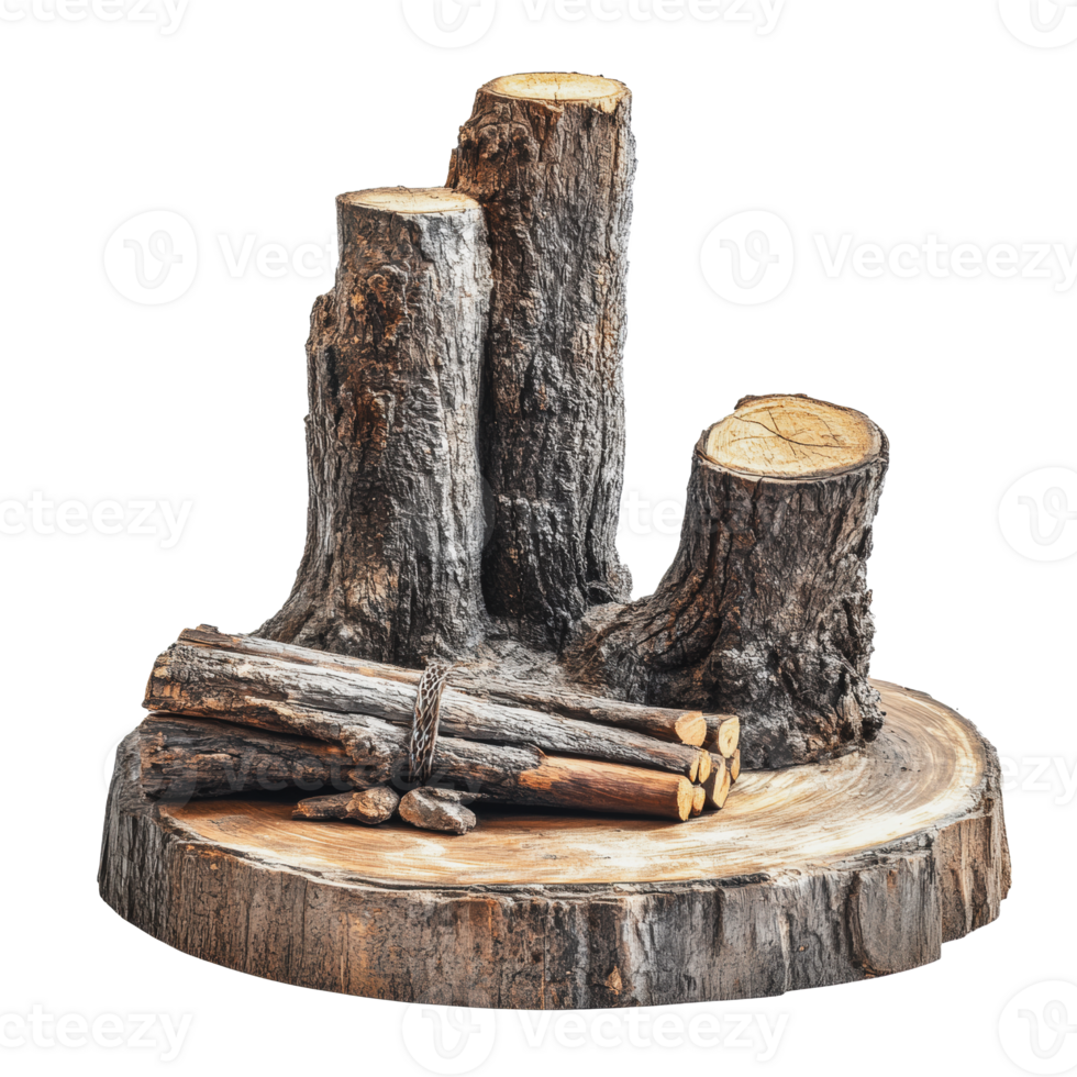 A natural wood display featuring stacked logs and tree stumps on a wooden base png