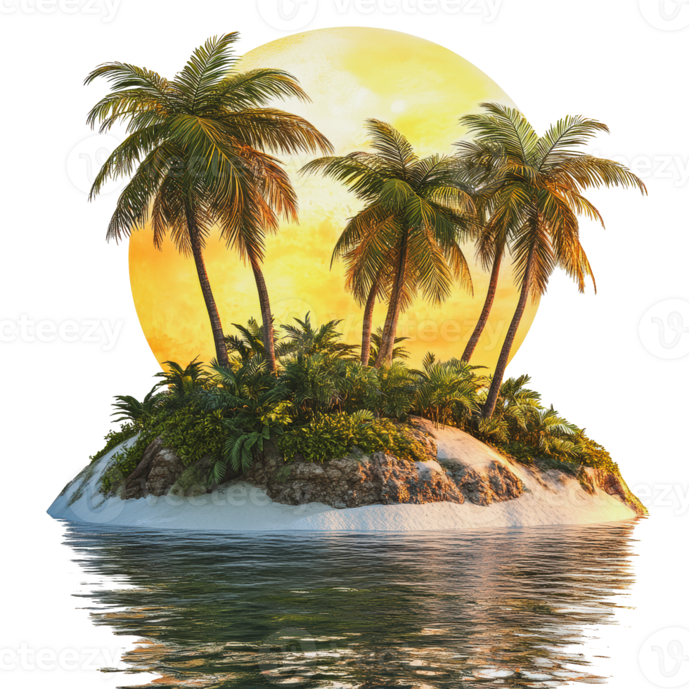 Tropical island with palm trees at sunset png
