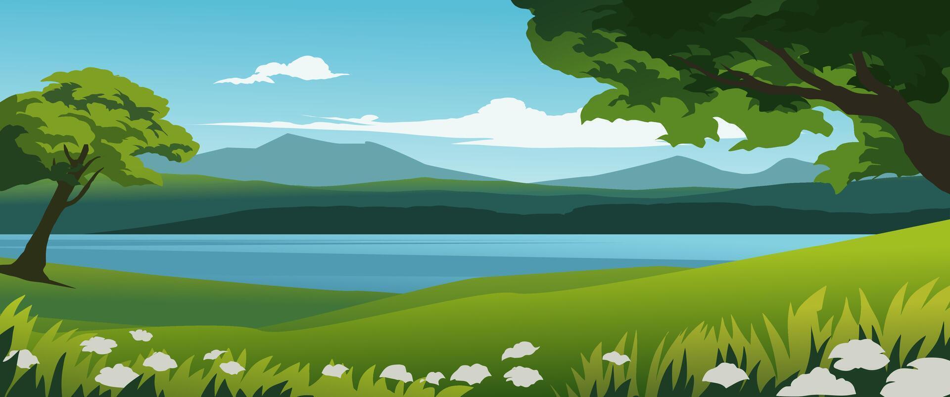 Beautiful meadow landscape with lake and mountains vector