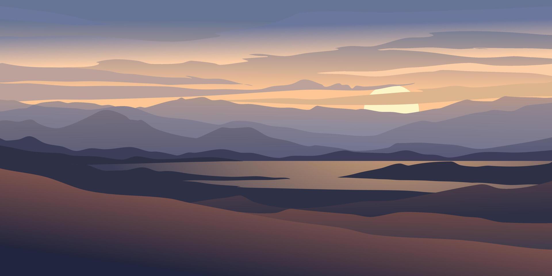 Nature landscape illustration with lake view at sunset vector