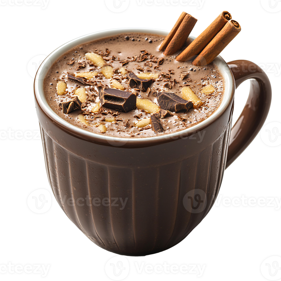 Cup of hot chocolate with cinnamon stick . Delicious fall winter drink isolated png