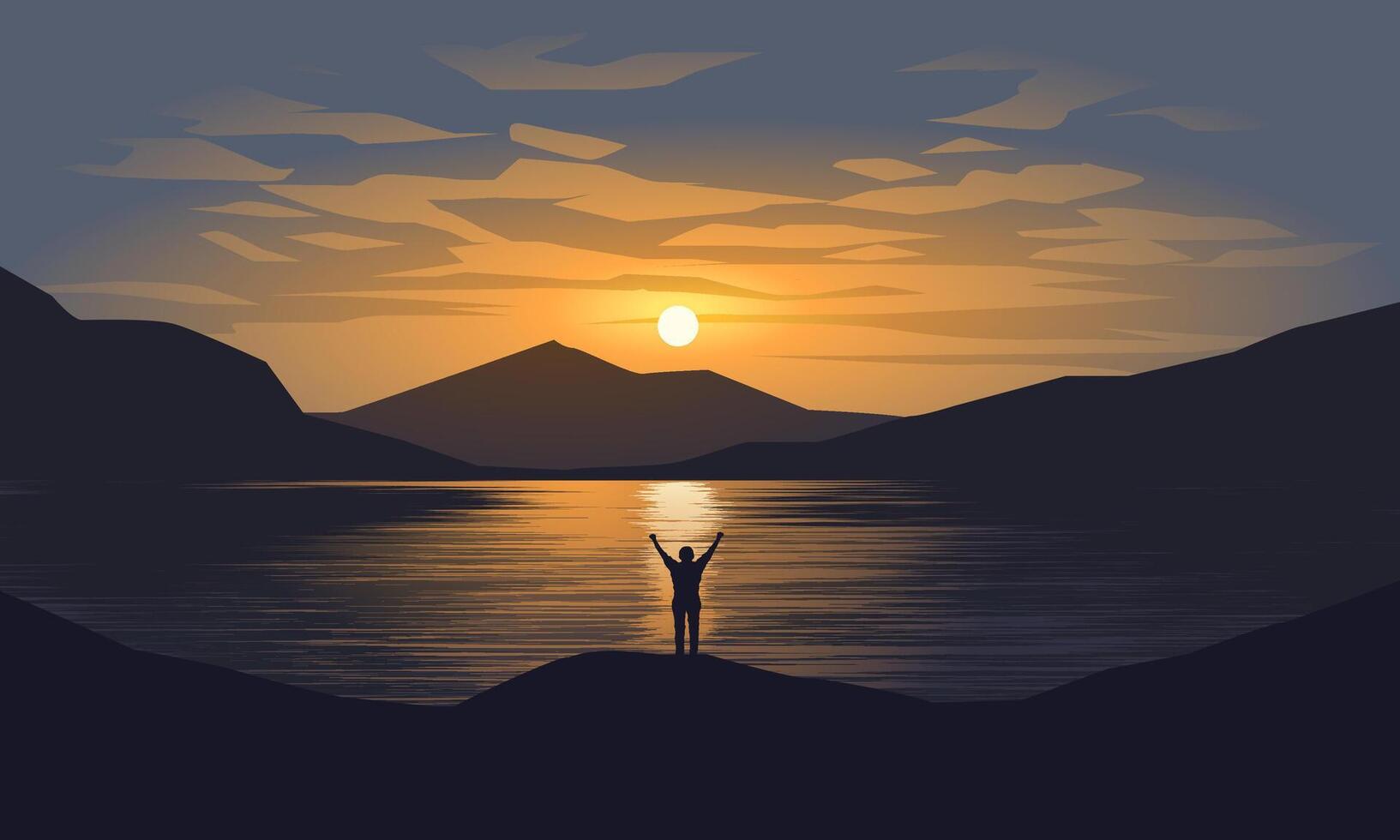 Beautiful view of lake at sunset with a man standing alone vector