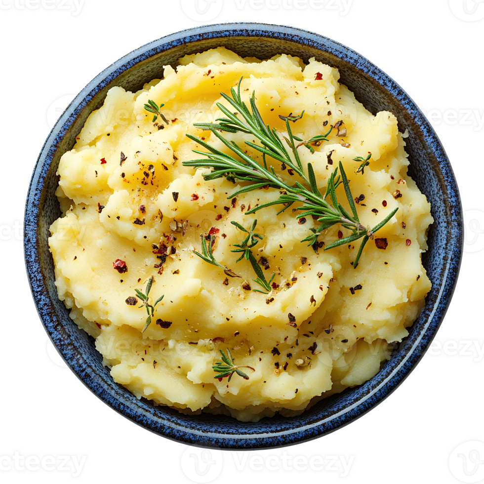 mashed potatoes . mashed potatoes in a bowl for thanksgiving dinner top view . thanksgiving day essential mashed potatoes with spices on top flat lay png