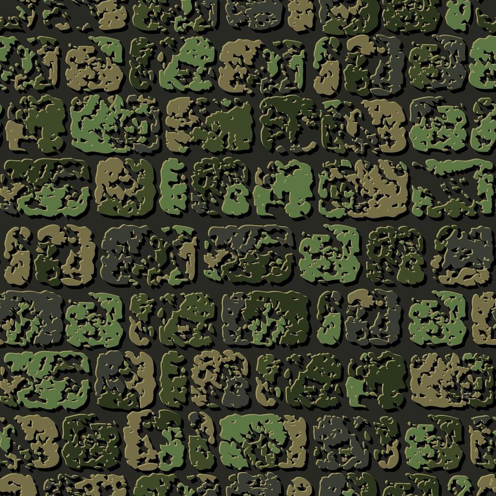 Seamless khaki green camouflage brick stone wall pattern with cracked destroyed old stones. Geometric background for fabric, textile. Grunge style. vector