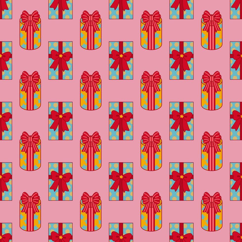 Seamless pattern with gift box illustration on pink background. Presents repeat wallpaper. vector