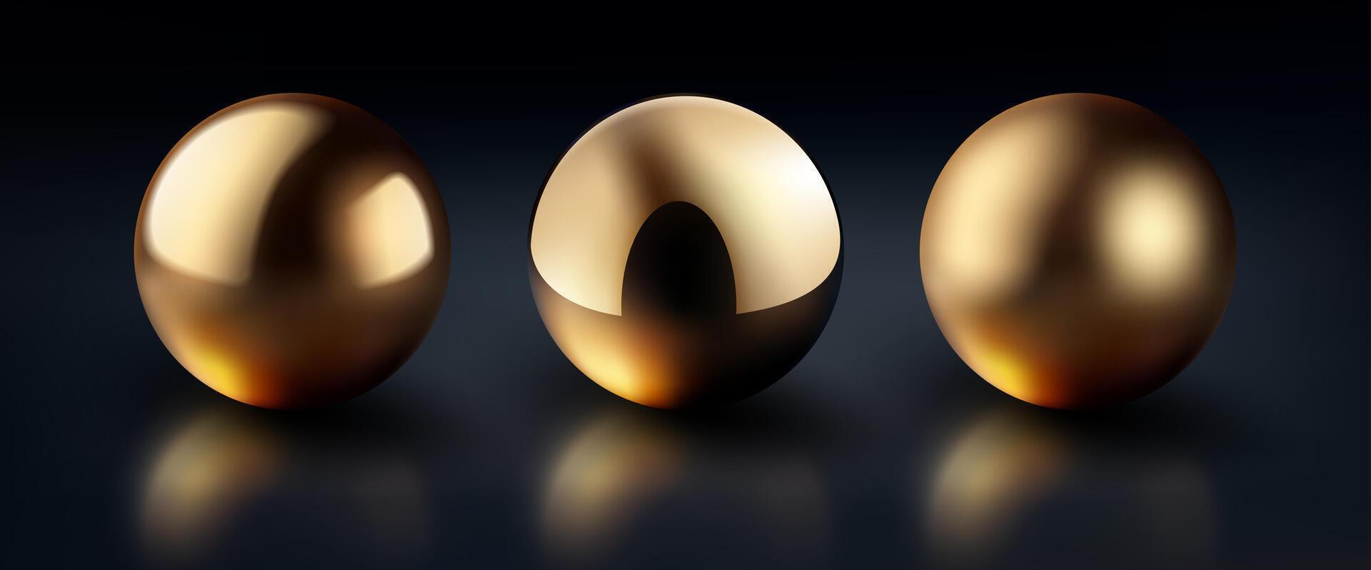 Golden Sphere Isolated on Dark Background. Golden Glossy 3D Ball with Glares. Round Shape Metal Sphere, Shiny Chrome Ball Icon Set, Illustration vector