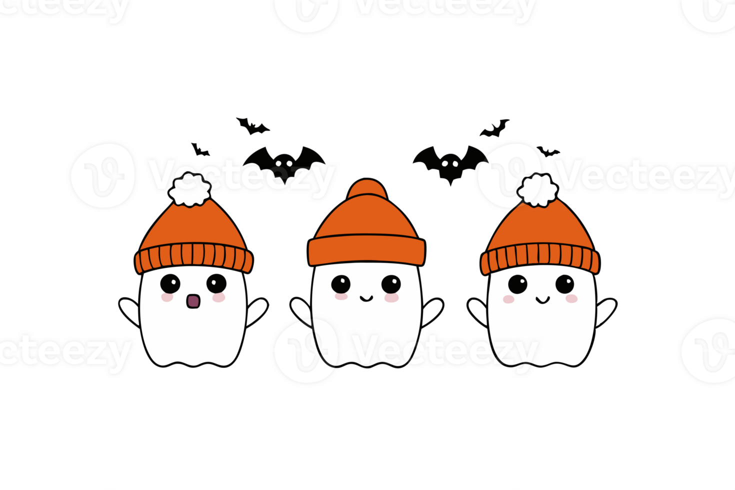Three ghosts with happy expressions are wearing orange winter hats png