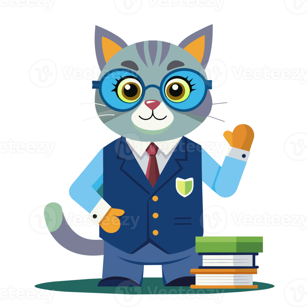 A cartoon cat character is dressed in formal attire, holding a stack of books png