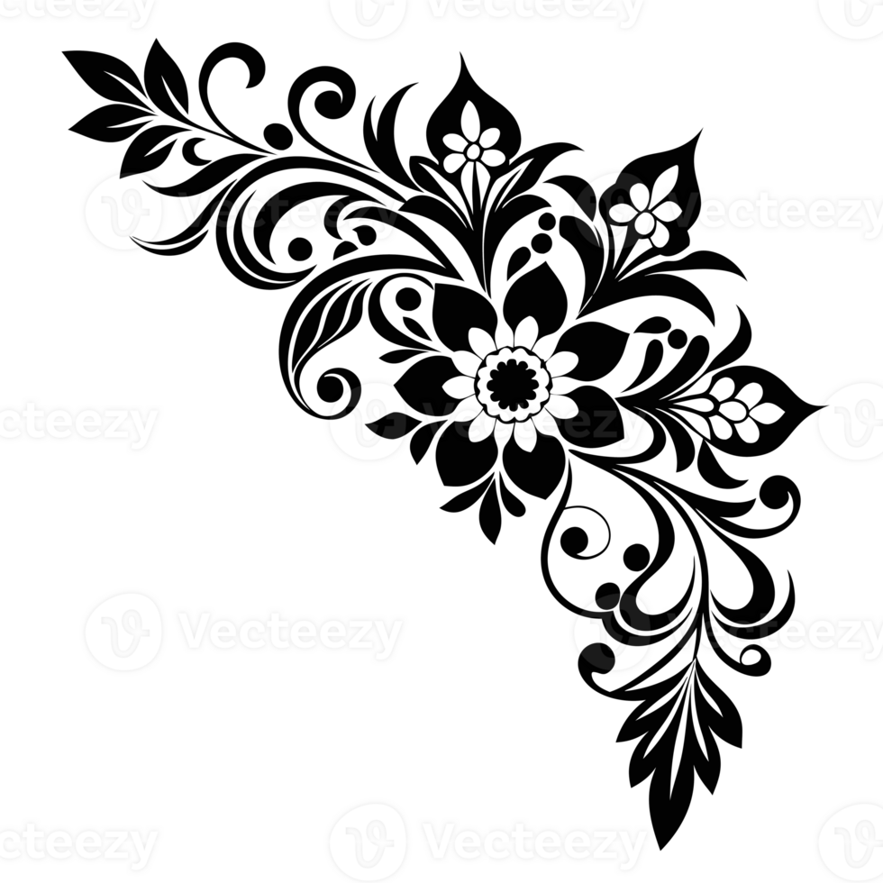 A black floral design with intricate details decorates the corners png