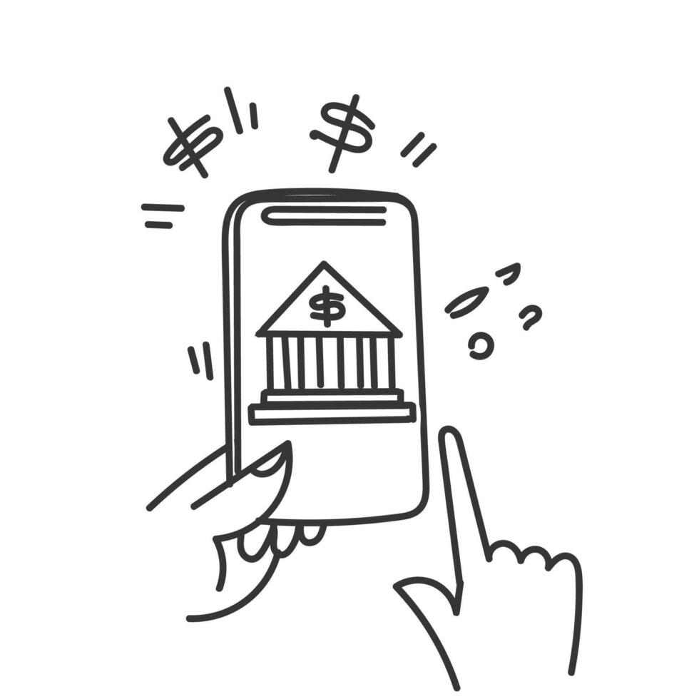 hand drawing sketch n doodle bank building on computer laptop or mobile phone illustration vector