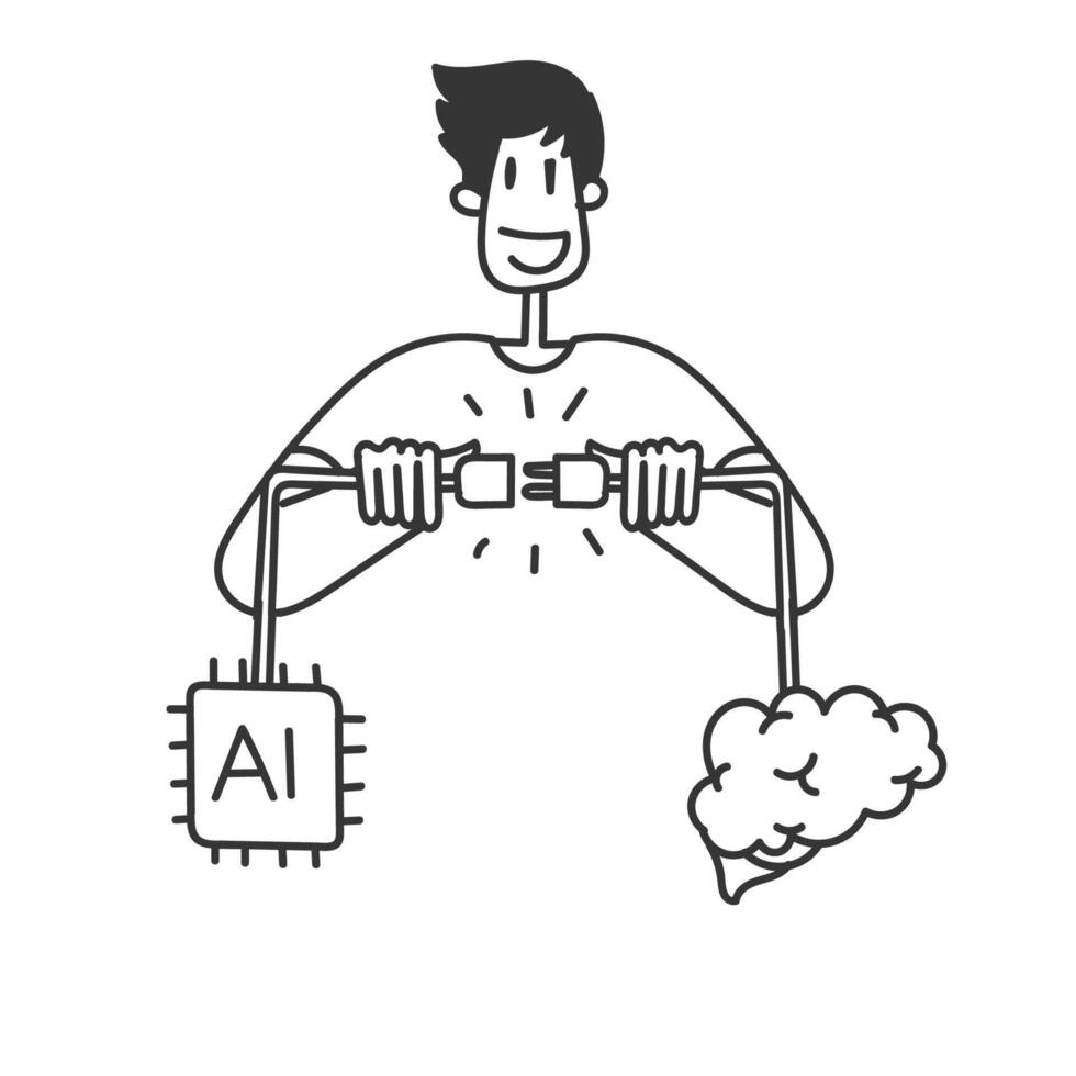 connecting brain with ai chip robotic socket in freehand style cartoon character vector