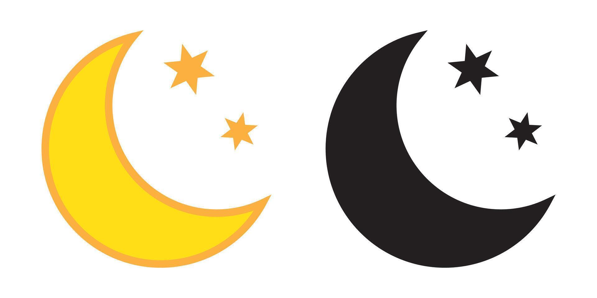 Yellow and black crescent moon with stars icon on white background. Night icon. Crescent moon icon. Minimalist style. vector