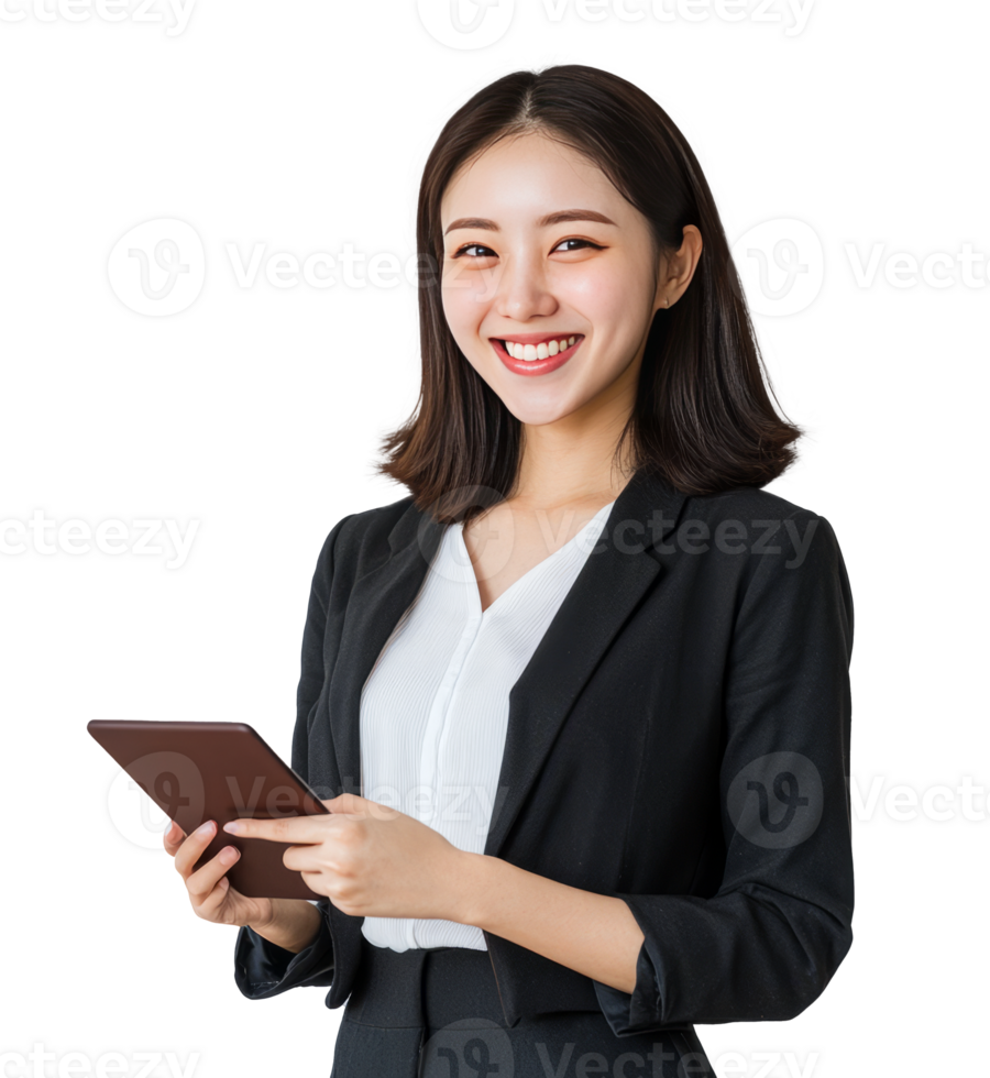Photo of a youthful, smiling Korean businesswoman with a tablet as she stands over a transparent background png