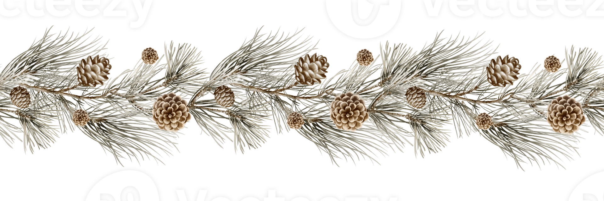 Watercolor Green Fir Garland with Cones on isolated background. Seamless pattern of pine branch. Christmas decoration for headers and greeting. Border Evergreen plant. Festive banner design. png