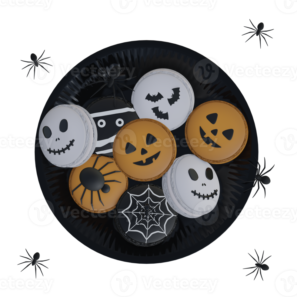 Set of halloween themed macarons with intricate design on the black plate 3d rendered illustration png