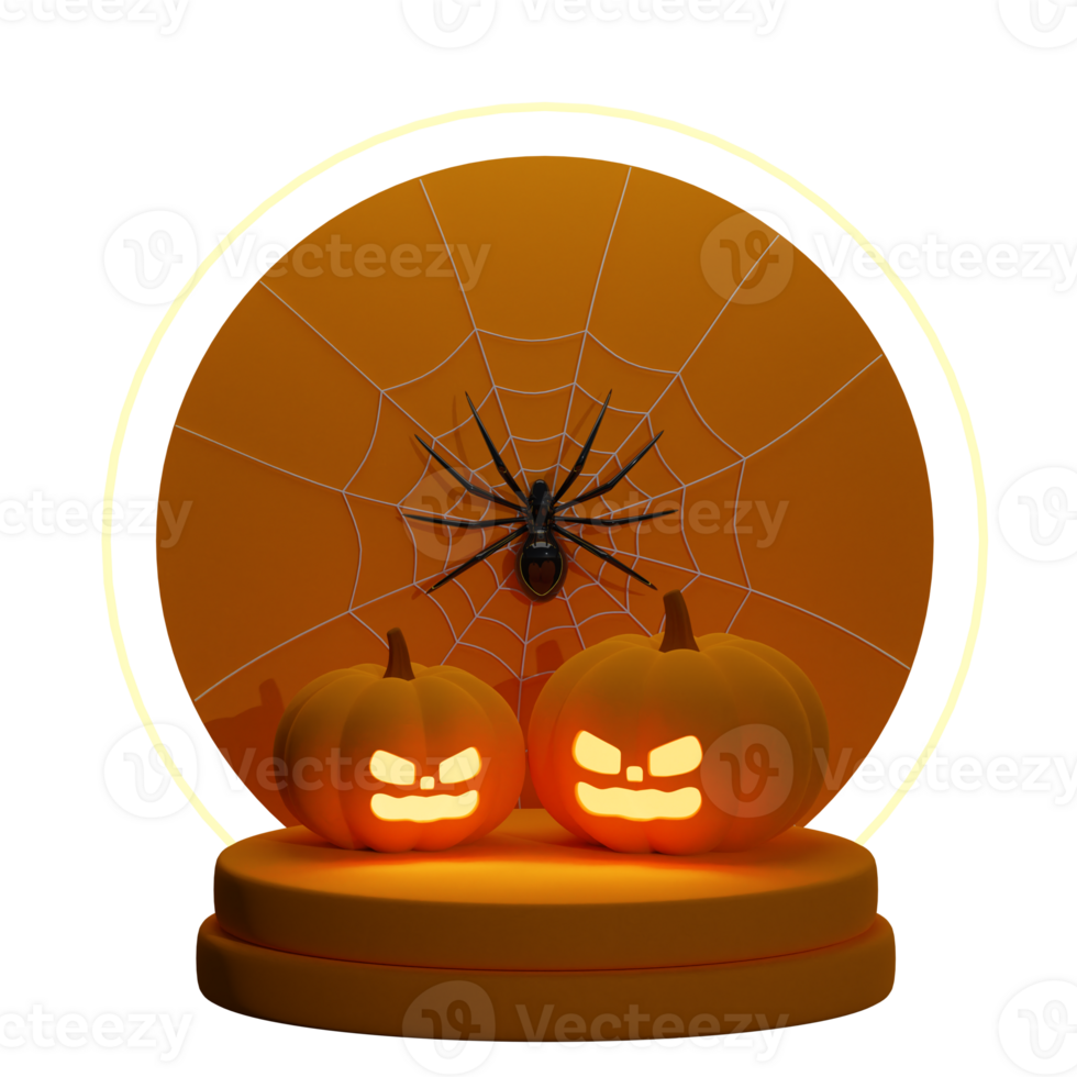 Jack-o'-lantern with big spider on the background 3d rendered illustration. Halloween concept design png