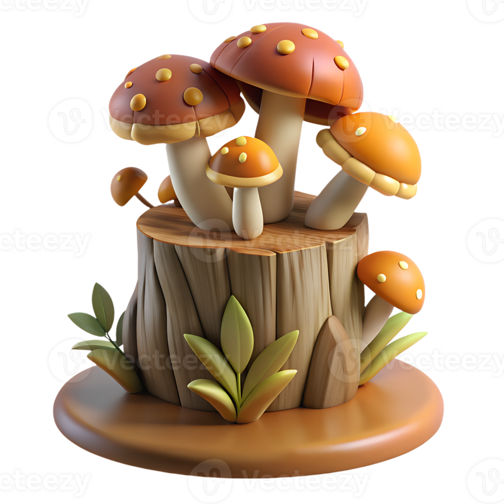 Tree stump with mushrooms growing on it 3d rendered illustration isolated. Autumn concept design png