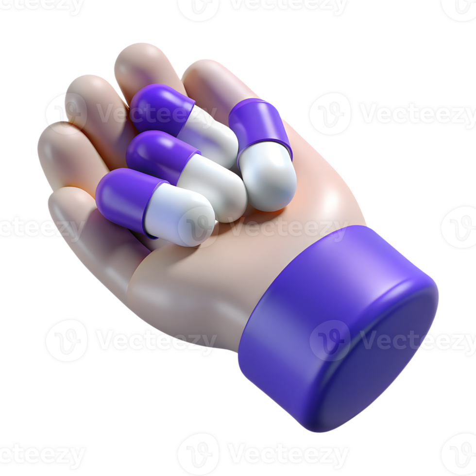Human hand with several capsules drugs 3d illustration isolated. Pharmacy concept design png