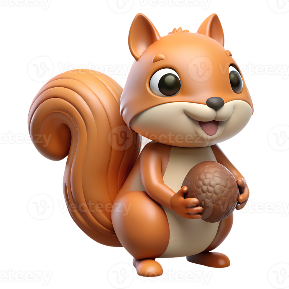 Cartoon cute red squirrel character with a nut 3d rendered illustration isolated. Autumn concept design png