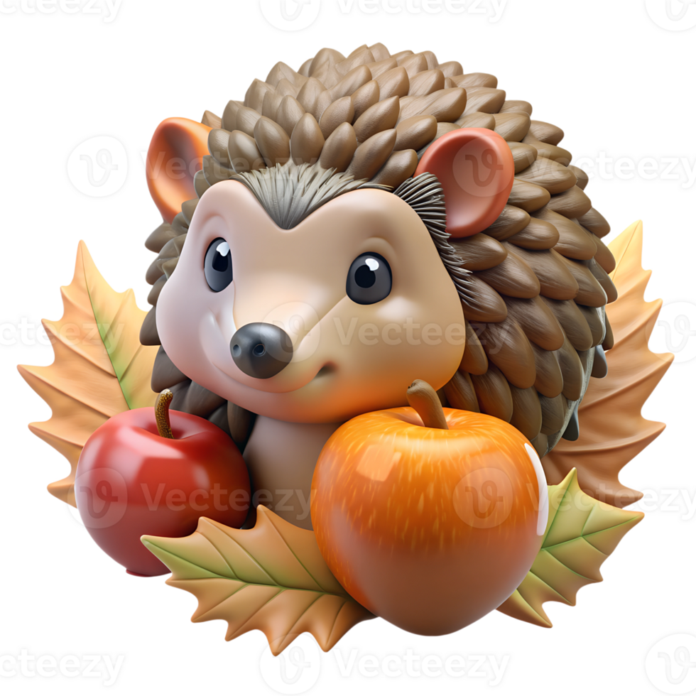 Cartoon cute hedgehog character with autumn apples and leaves 3d rendered illustration isolated. Autumn concept design png