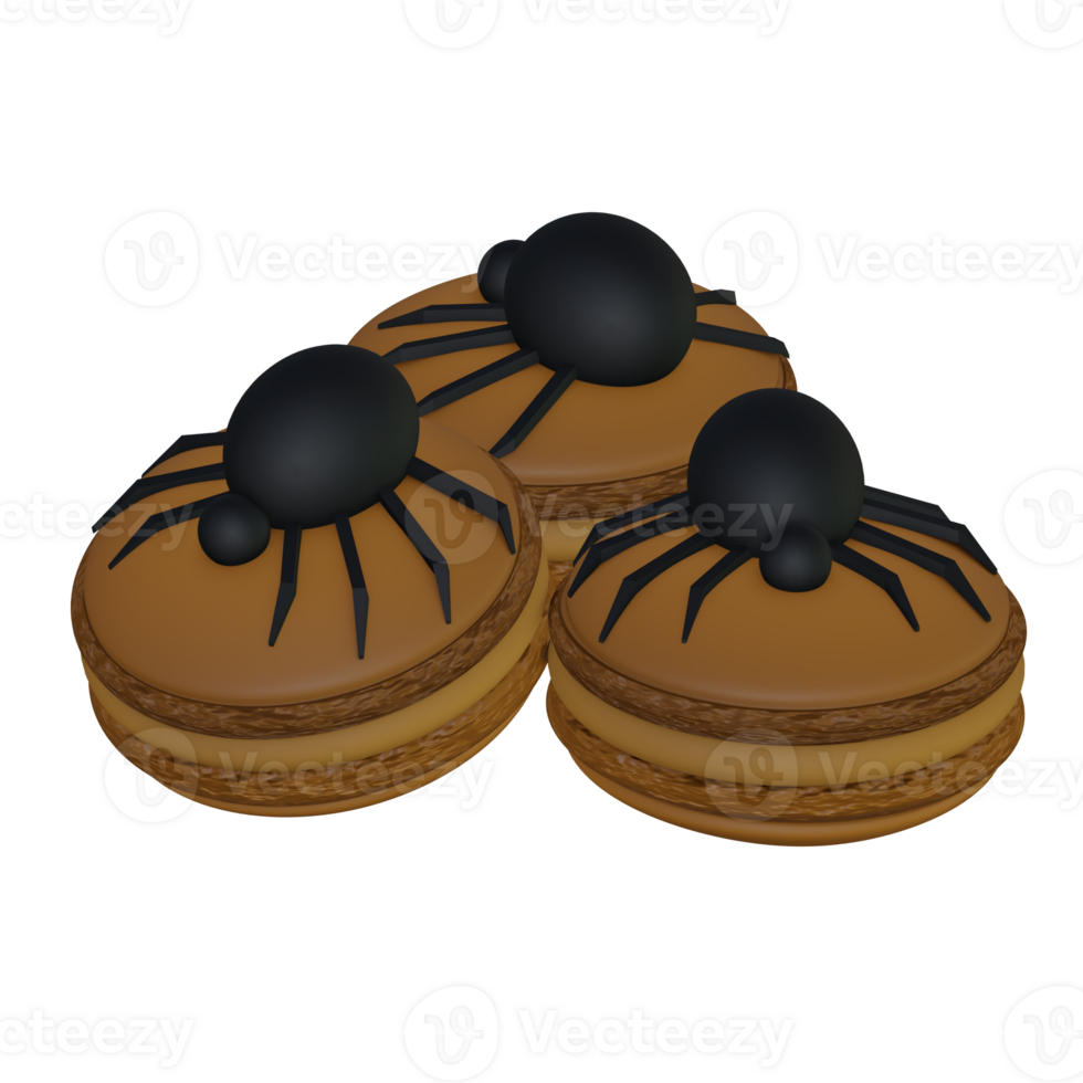 Set of halloween themed macarons adorned with chocolate spiders 3d rendered illustration png