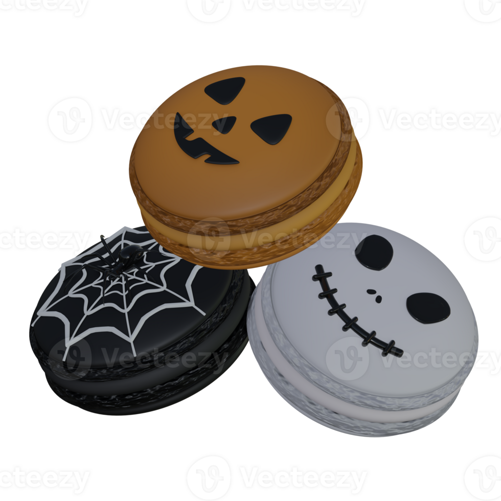 Set of halloween themed macarons with intricate designs 3d rendered illustration png