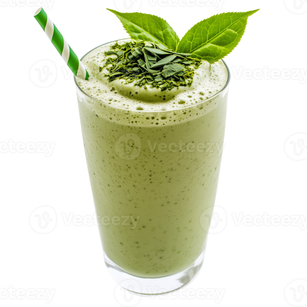 Creamy Matcha Milkshake Topped With Fresh Leaves and a Striped Straw png