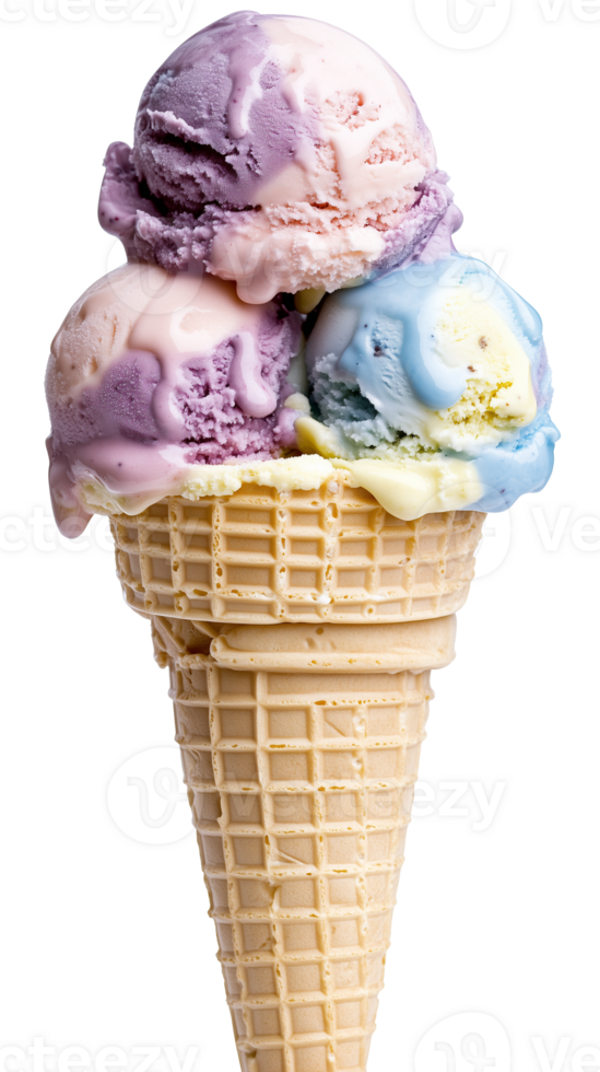 Delicious Tricolor Ice Cream Cone with Vibrant Colors and Creamy Texture on Clear Background png