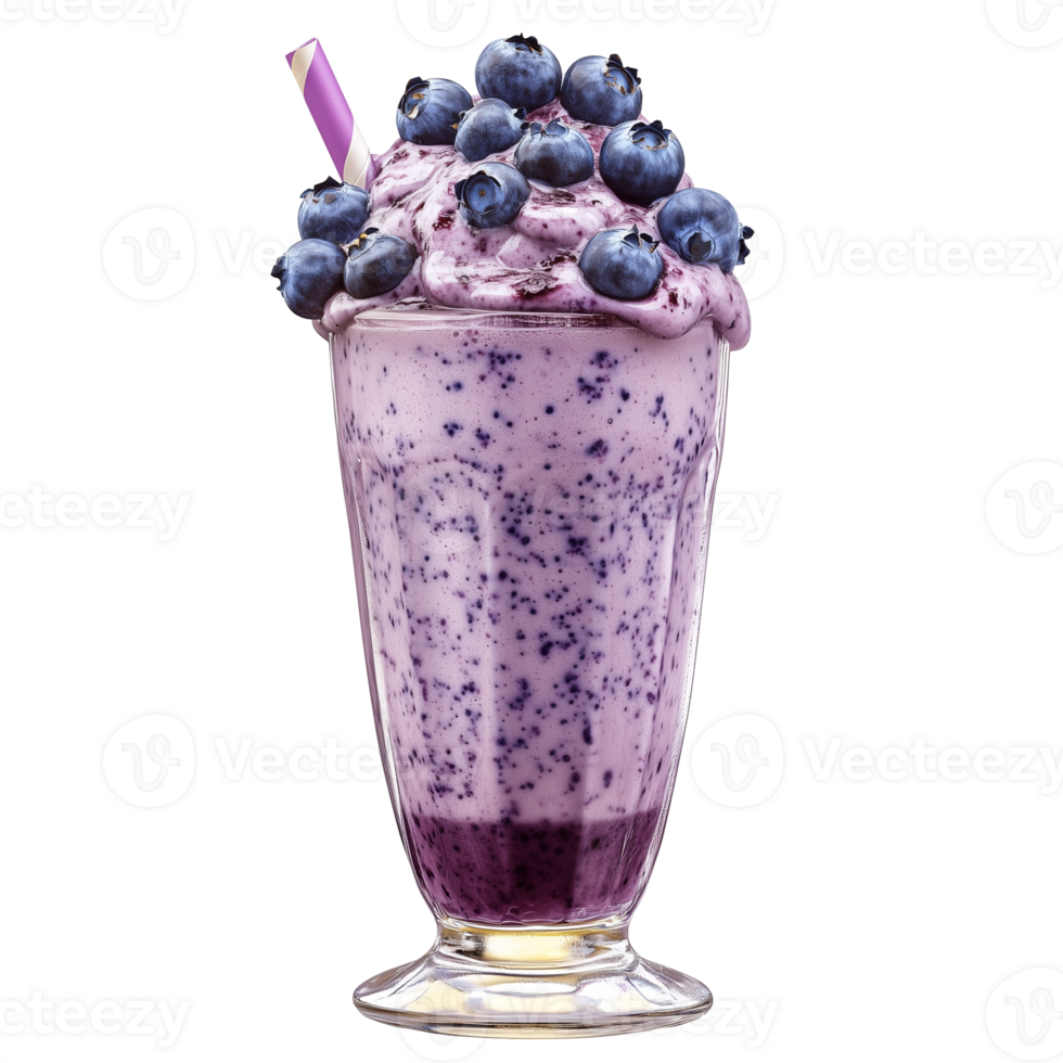 Blueberry milkshake topped with fresh blueberries and served in a tall glass on a warm day. png