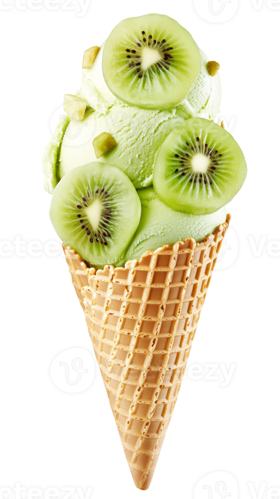 Realistic Kiwi Ice Cream Cone with Kiwi Fruit Pieces and Transparent Background png