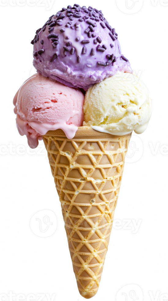 Realistic Tricolor Ice Cream Cone with Three Flavors on Transparent Background and Clear Look png