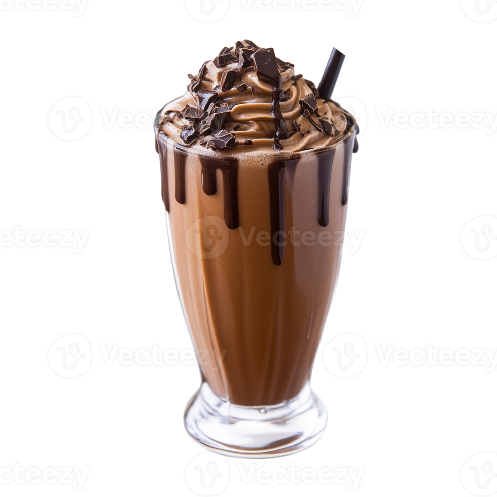 Indulgent Chocolate Milkshake Topped With Whipped Cream and Chocolate Shavings in a Clear Glass, Served With a Straw png