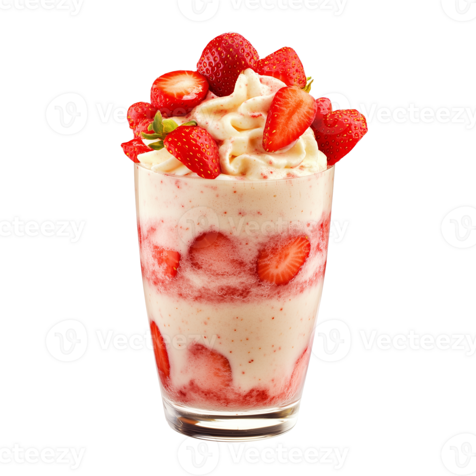 Creamy Strawberry Milkshake Topped With Fresh Berries Served in a Clear Glass png
