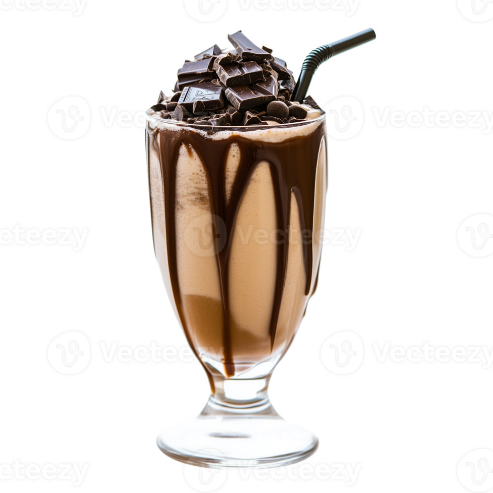 A chocolate milkshake is topped with swirls of whipped cream, chocolate drizzle, and shavings, served in a clear glass with a black straw. png