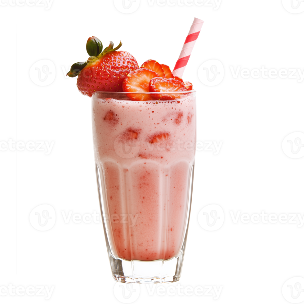 Strawberry Milkshake Topped With Fresh Berries Served in a Clear Glass png