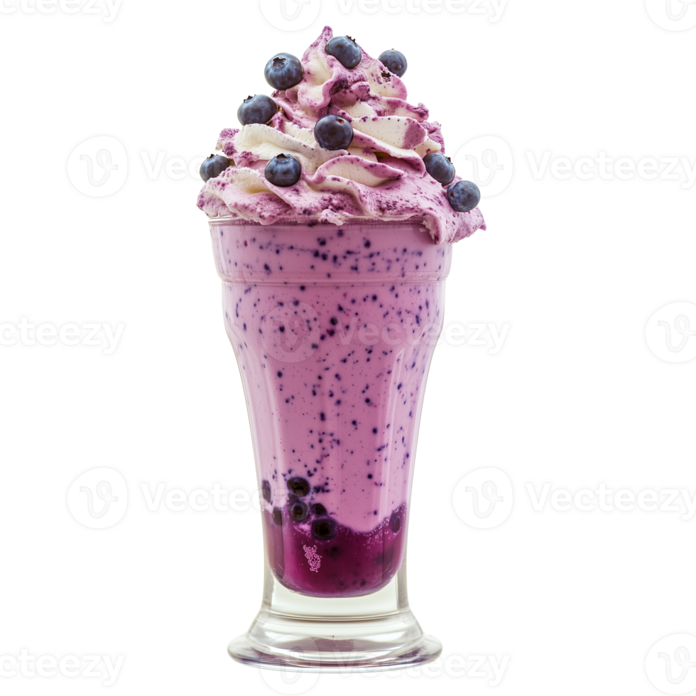 A refreshing blueberry milkshake topped with fresh blueberries and served in a tall glass on a warm day. png