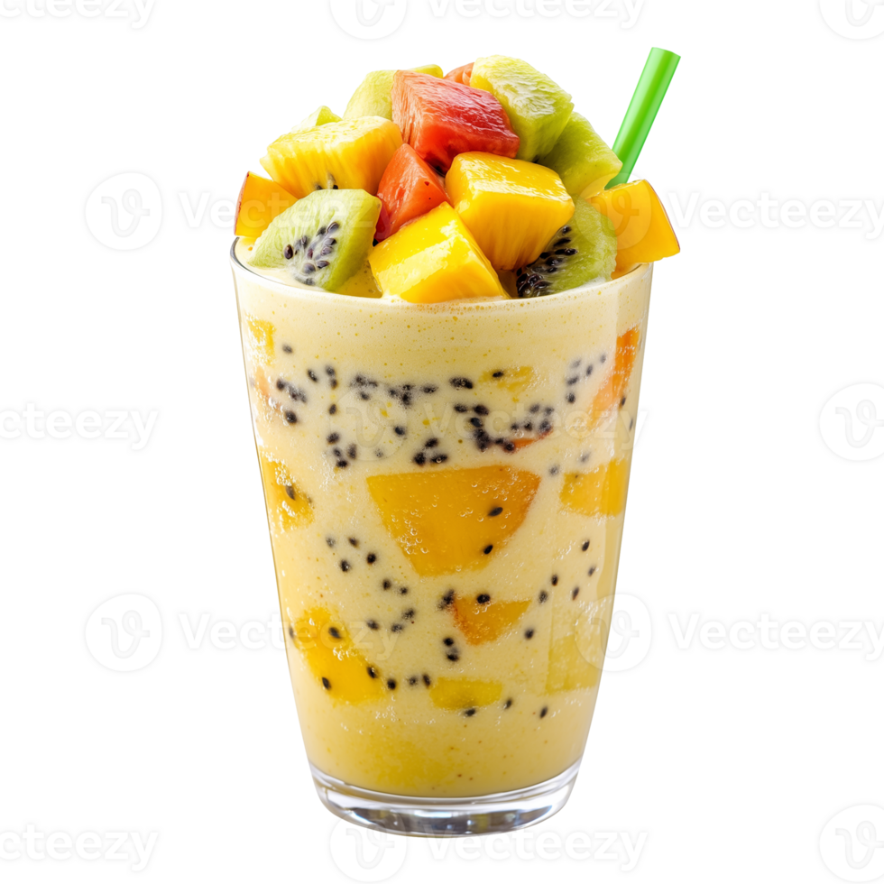 Tropical milkshake, creamy and vibrant, served with an assortment of fresh fruits on top png