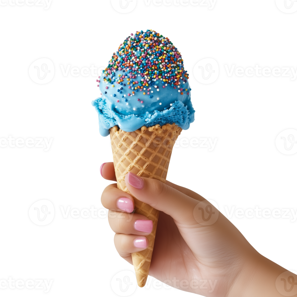 Realistic Hand Holding Bubblegum Ice Cream Cone with Colorful Sprinkles Topping png
