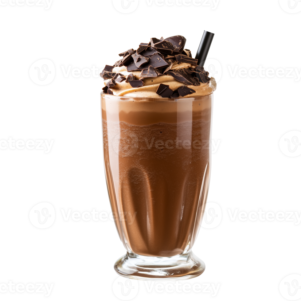 Chocolate Milkshake Topped With Whipped Cream and Chocolate Shavings in a Clear Glass png