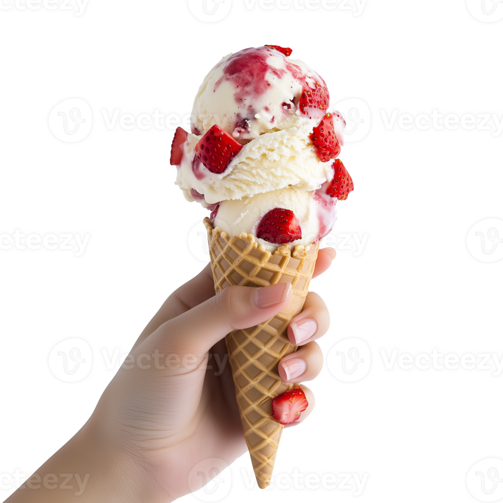 Realistic Hand Holding Strawberry Ice Cream Cone with Fresh Strawberry Fruit Pieces on Transparent Background png