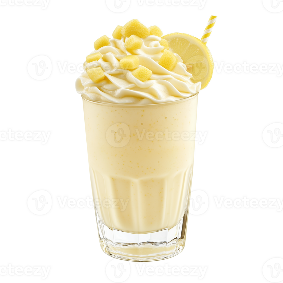 A tall glass filled with a smooth lemon milkshake topped with whipped cream and fresh lemon pieces, perfect for a refreshing treat. png